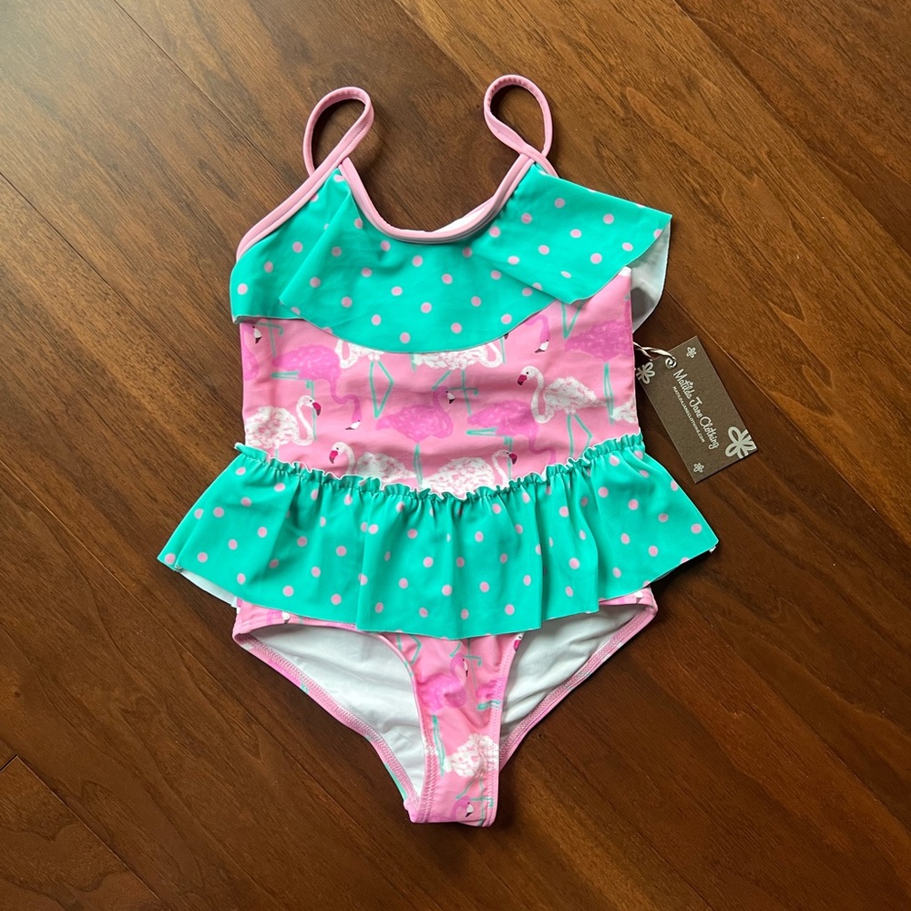 NWT Matilda Jane Pink and Green One Piece Swimsuit with Peplum Ruffle